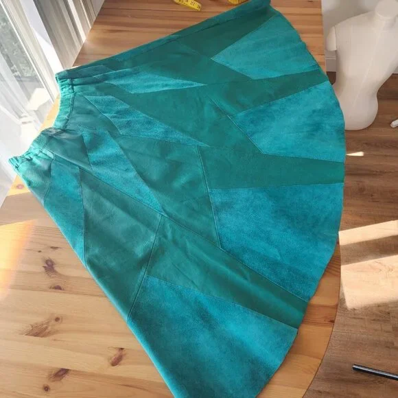 Vintage Green Leather Suede Midi Skirt Unique Geometric Artsy Fits M? SEE NOTE - Picture 5 of 11